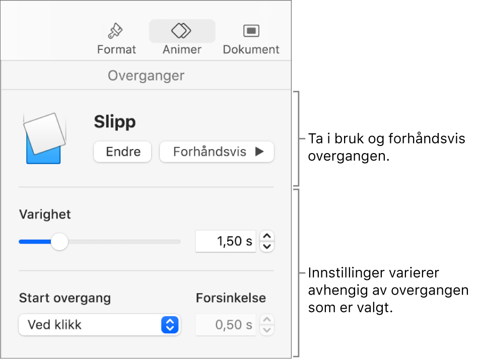 Overgangskontroller i Overganger-delen i sidepanelet.