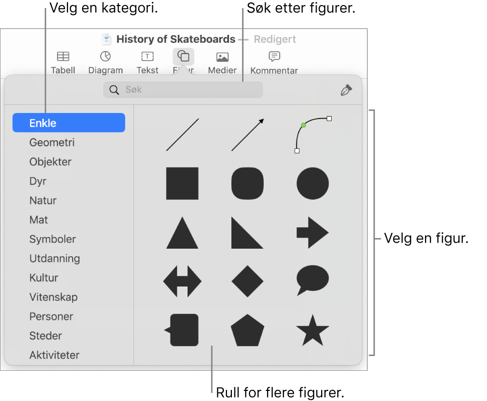 Figurbiblioteket, som viser kategorier til venstre og figurer til høyre. Du kan bruke søkefeltet øverst til å finne figurer, og du kan rulle for å se mer.