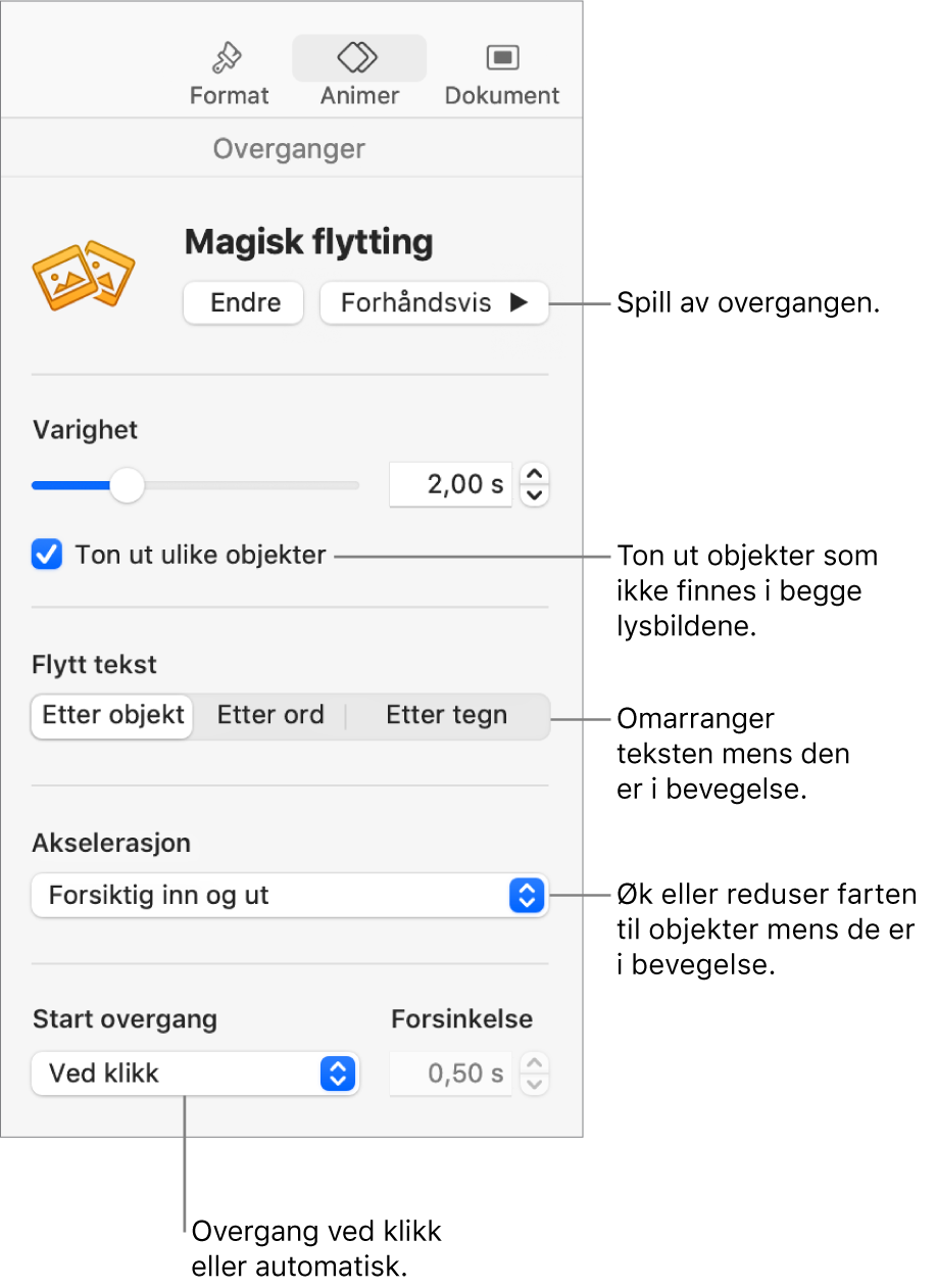 Magisk flytting-overgangskontroller i Overganger-delen i Animer-sidepanelet.