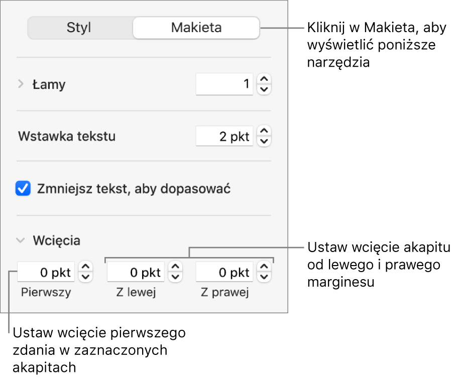 Sekcja Makieta na pasku bocznym Format, zawierająca narzędzia ustawiania wcięcia pierwszego wiersza oraz marginesów akapitu.