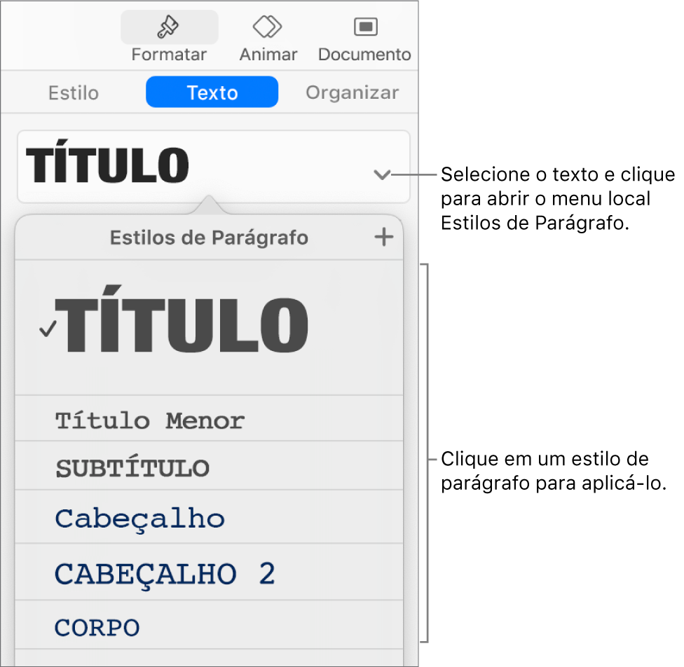 Menu Estilos de Parágrafo com uma marca ao lado do estilo selecionado.