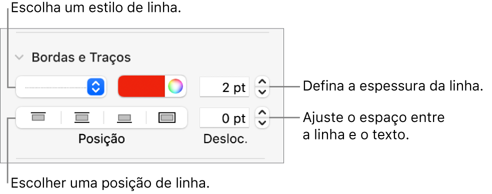 Controles para alterar o estilo, a espessura, a posição e a cor da linha.