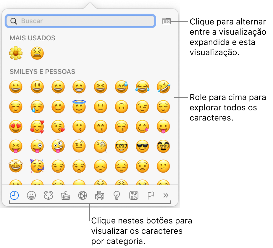 Menu local de Caracteres Especiais mostrando emoticons, botões para diversos tipos de símbolos na parte inferior e uma chamada para um botão para mostrar a janela Caracteres completa.