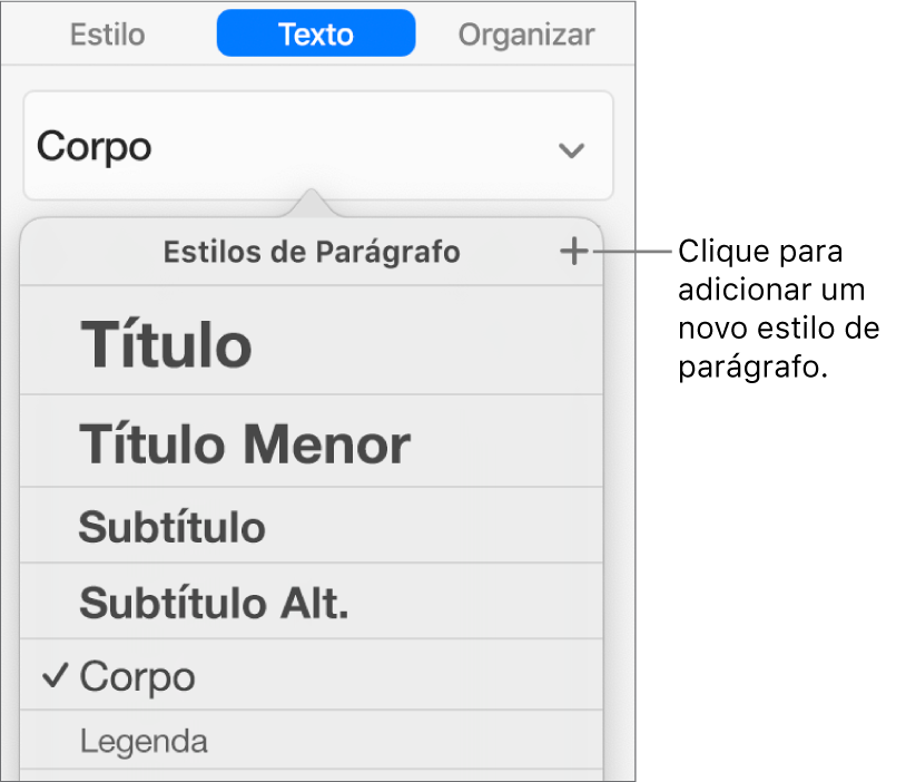 Menu Estilos de Parágrafo com balão explicativo para o botão Novo Estilo.