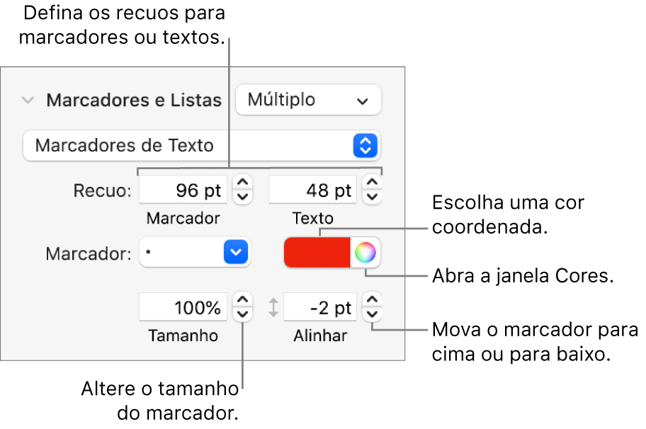 Seção Marcadores e Listas com chamadas para os controles de recuo de marcador e texto, cor de marcador, tamanho de marcador e alinhamento.