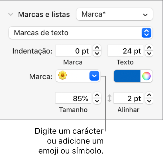 A secção “Marcas e listas” da barra lateral Formato. O campo Marca a mostrar um emoji de uma flor.