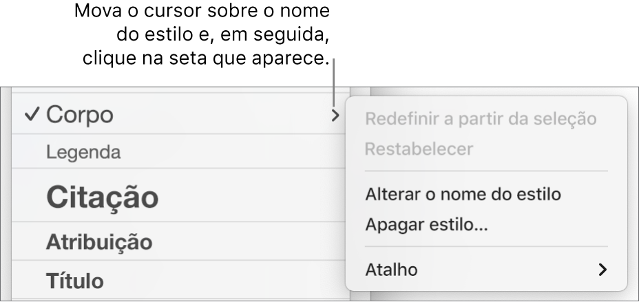 O menu “Estilos de parágrafo” com o menu de atalhos aberto.