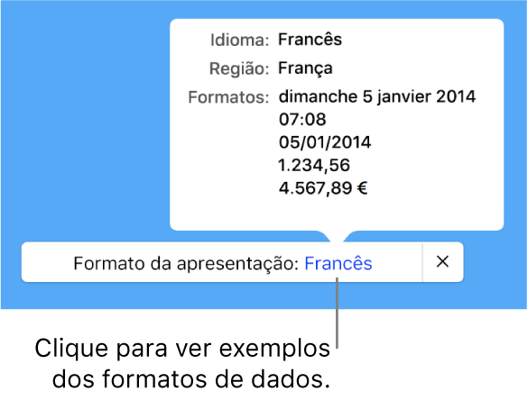 A notificação da definição diferente do idioma e região, apresentando exemplos da formatação nesse idioma e região.