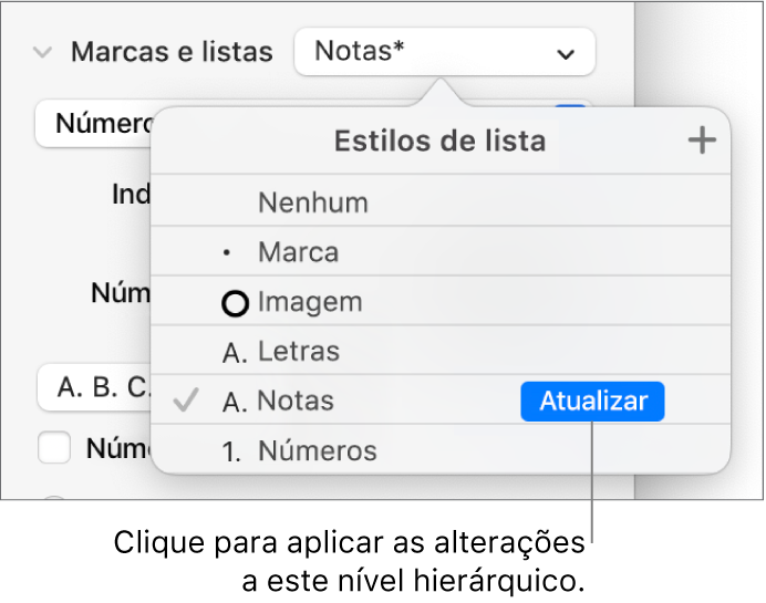 O menu pop-up “Estilos de lista” com um botão Atualizar junto ao nome do novo estilo.