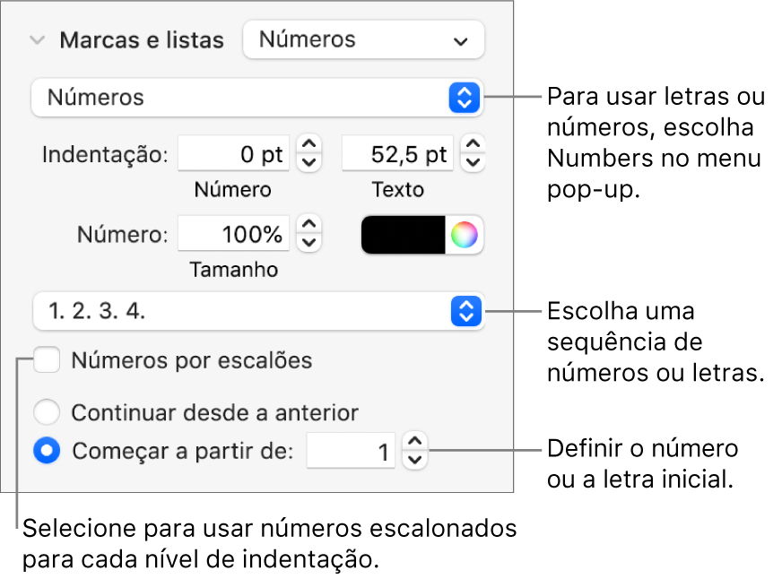 Controlos para alterar o estilo de número e o espaçamento de uma lista.