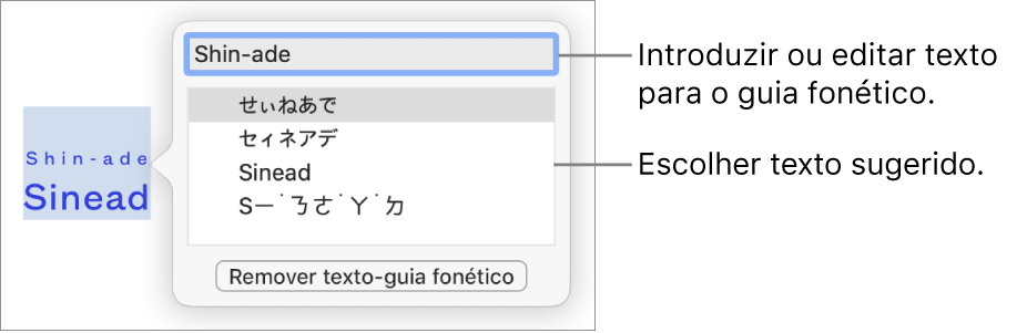O guia fonético aberto para uma palavra, com referências ao campo de texto e testo sugerido.