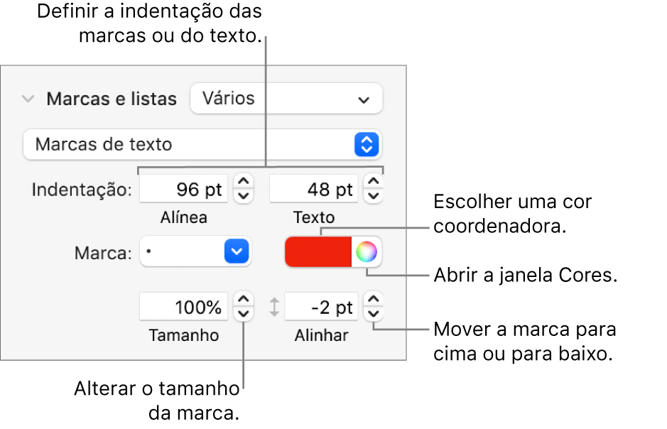 A secção “Marcas e listas” com chamadas para os controlos de indentação de texto e marcas, bem como cor, tamanho e alinhamento das marcas.