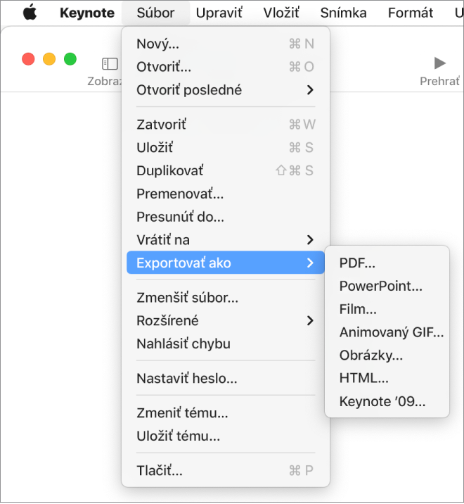 Menu Súbor otvorené s vybratou položkou Exportovať do a submenu zobrazujúce možnosti exportu pre PDF, Word, Film, HTML, obrázky a Keynote '09.