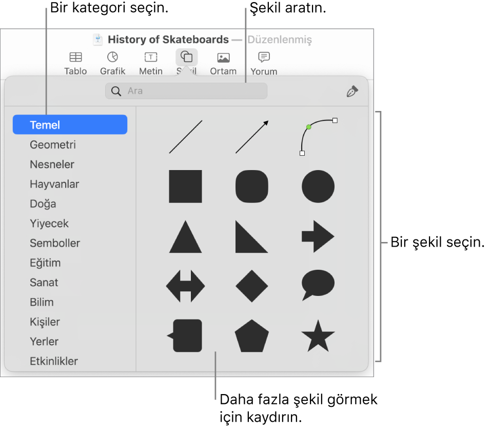Kategoriler solda listelenmiş ve şekiller sağda görüntülenir durumda şekil arşivi. Şekilleri bulmak için arama alanını kullanabilir ve daha fazlasını görmek için kaydırabilirsiniz.