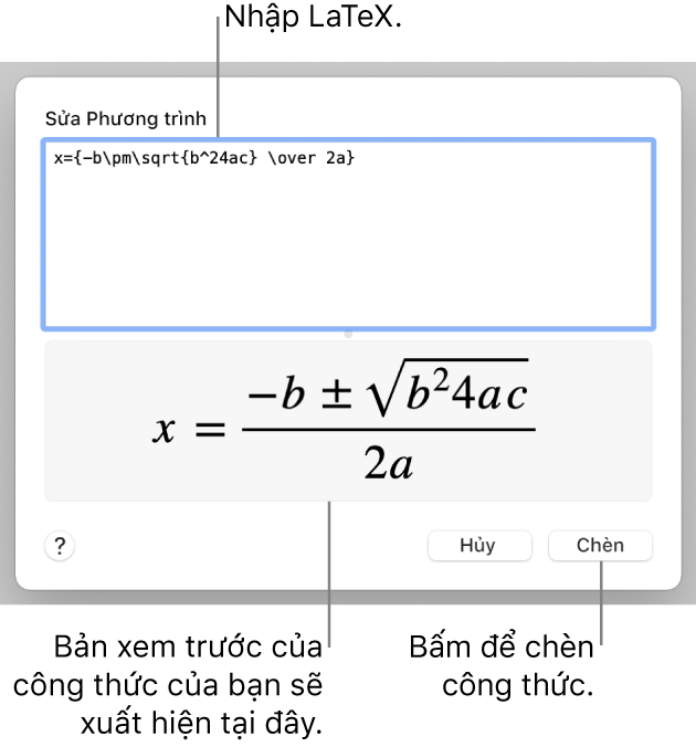 Công thức bậc hai được viết bằng LaTeX trong trường Phương trình và bản xem trước của công thức bên dưới.