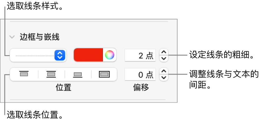 更改线条样式、粗细、位置和颜色的控制。