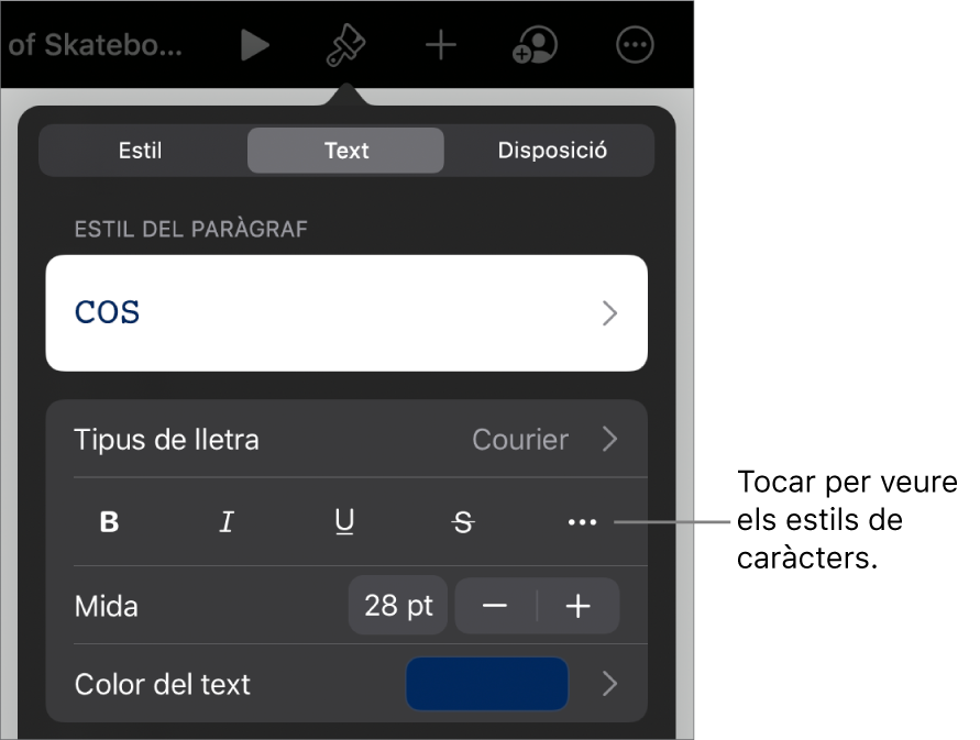 Els controls de Format amb estils de paràgraf a la part superior i, després, els controls de “Tipus de lletra”. A sota de “Tipus de lletra” hi ha els botons Negreta, Cursiva, Subratllat, Ratllat i “Més opcions de text”.