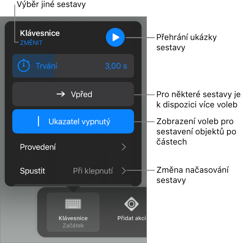 K volbám sestavy patří Trvání, Provedení a Prodleva začátku Chcete-li vybrat jinou sestavu, klepněte na Změnit. Klepnutím na Náhled spustíte náhled sestavy