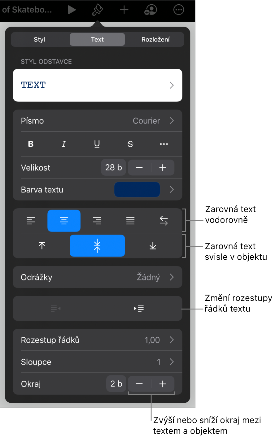 Panel Uspořádání s popisky tlačítek zarovnání textu a rozestupů