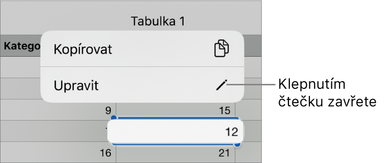 Je vidět vybraná buňka tabulky; nad ní se nachází nabídka s tlačítky Kopírovat a Upravit
