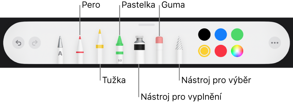 Panel nástrojů pro kreslení perem, tužkou, pastelem, nástrojem výplň, nástrojem pro výběr, gumou a výběrem barev zobrazujícím aktuální barvu