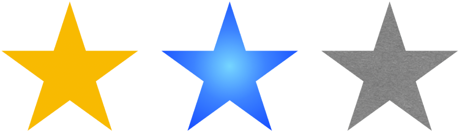 Tre stjerneformede figurer med forskelligt fyld. En er helt hvid, en har et blåt farveforløb, og en har et billedfyld.