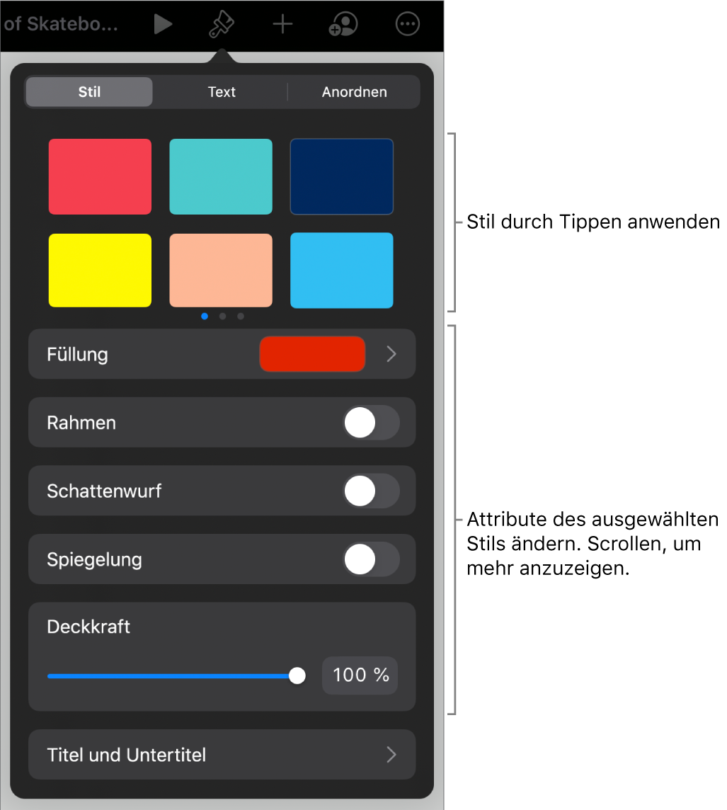 Der Tab „Stil“ des Menüs „Format“ mit Objektstilen oben und darunter Steuerelementen zum Ändern von Rahmen, Schatten, Reflexion und Deckkraft