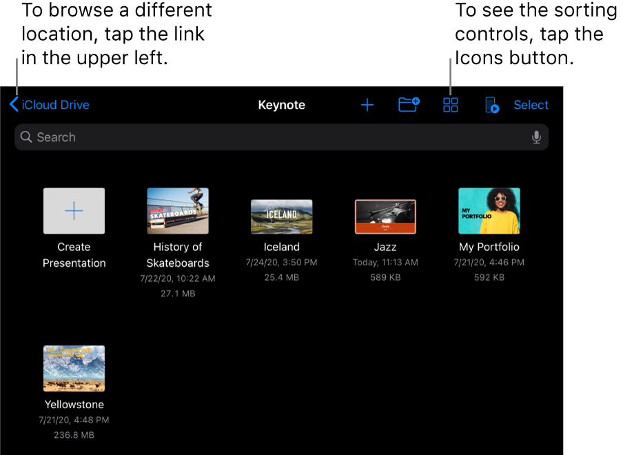 The browse view of the presentation manager with a location link in the top-left corner and below it a Search field. In the top-right corner are the Add a Presentation button; the New Folder button; a pop-up menu to use list or icon view, and to filter by name, date, size, kind, and tag; the Outline button; the Remote button; and the Select button. Below these are thumbnails of existing presentations.