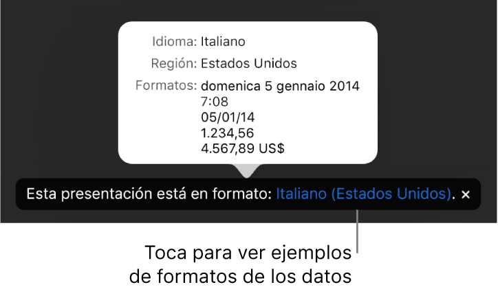 La notificación de la configuración de idioma y formato distinto, con ejemplos del formato en ese idioma y región.