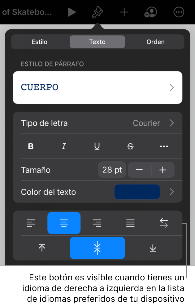 Los controles de texto se encuentran en el menú de Formato, con un mensaje que señala el botón “De izquierda a derecha”.