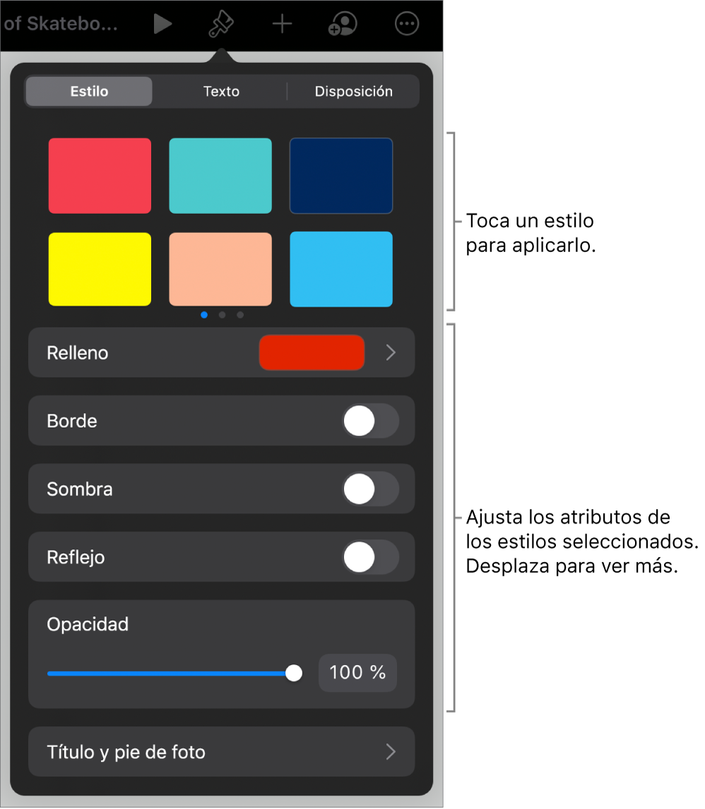 La pestaña Estilo del menú Formato con estilos de objetos en la parte superior y controles debajo para cambiar el borde, las sombras, los reflejos y la opacidad.