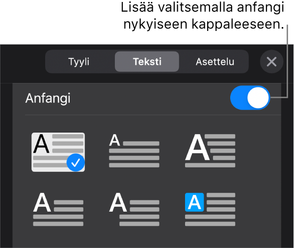 Anfangi-säätimet ovat Teksti-valikon alareunassa.