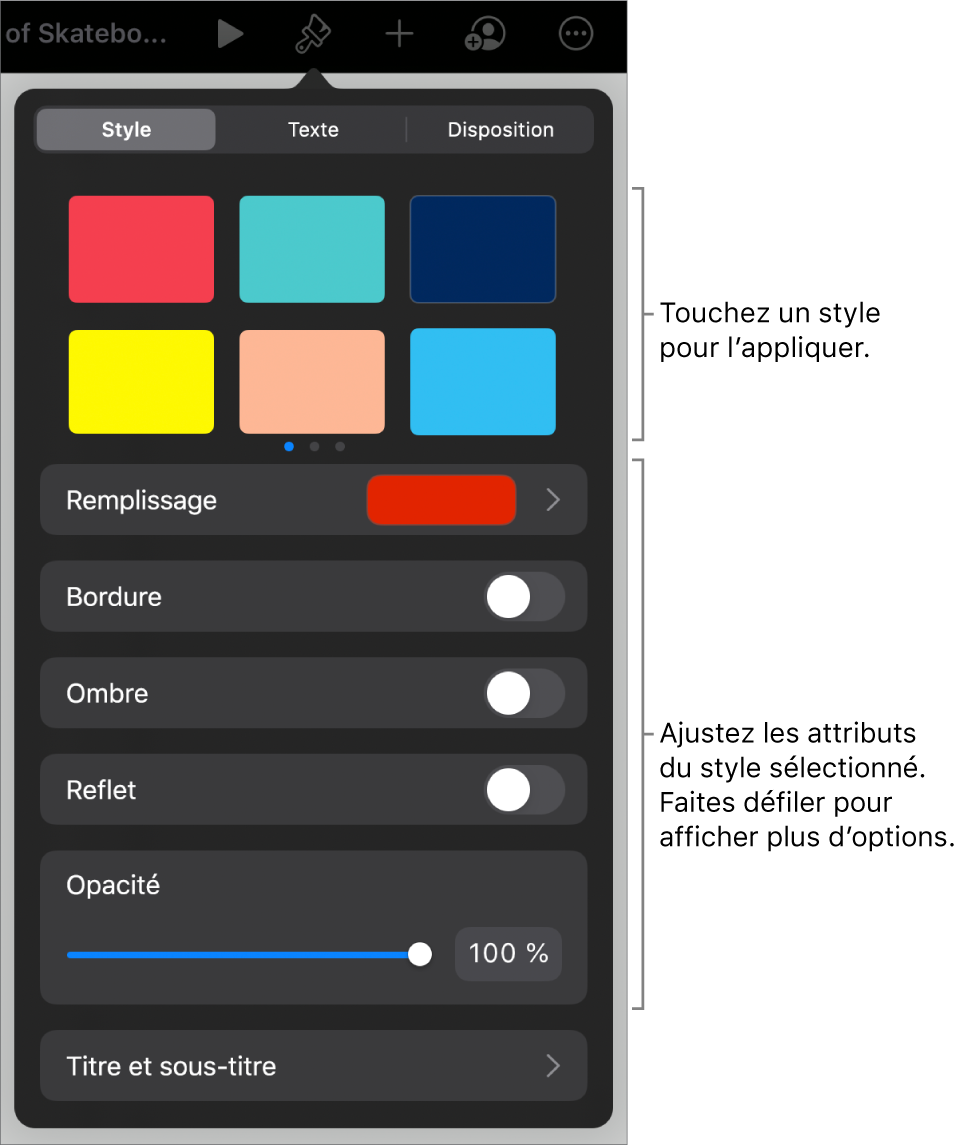Onglet Style du menu Format avec des styles d’objet en haut et, en dessous, des commandes de modification de bordure, d’ombre, de reflet et d’opacité.