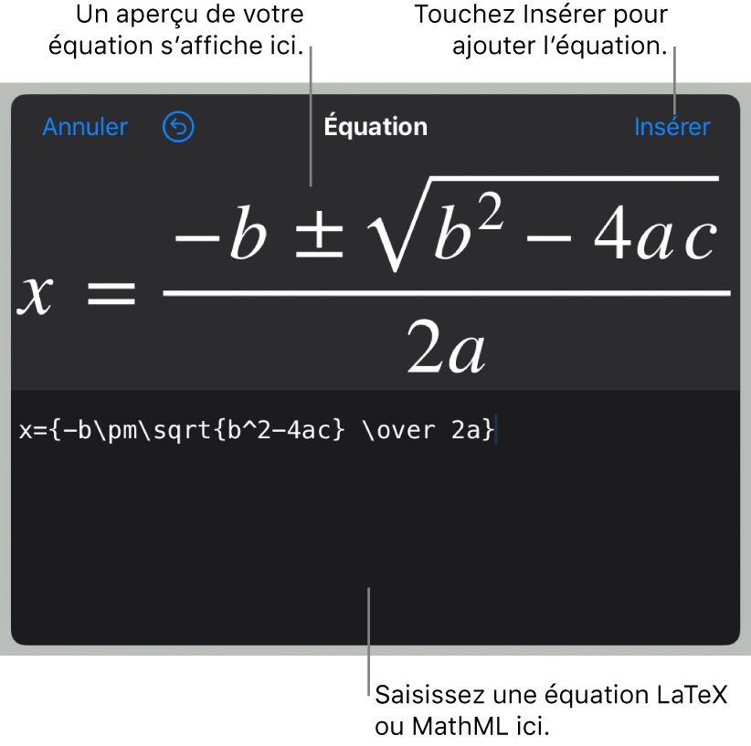 Zone de dialogue Équation, affichant la formule quadratique composée à l’aide des commandes LaTeX et aperçu de la formule au-dessus.
