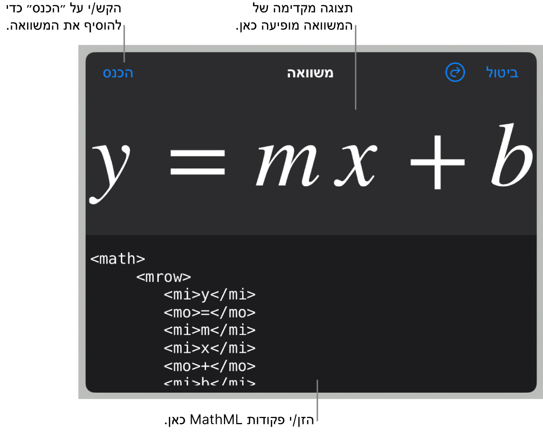 קוד MathML עבור המשוואה של עקומת קו ותצוגה מקדימה של הנוסחה למעלה.