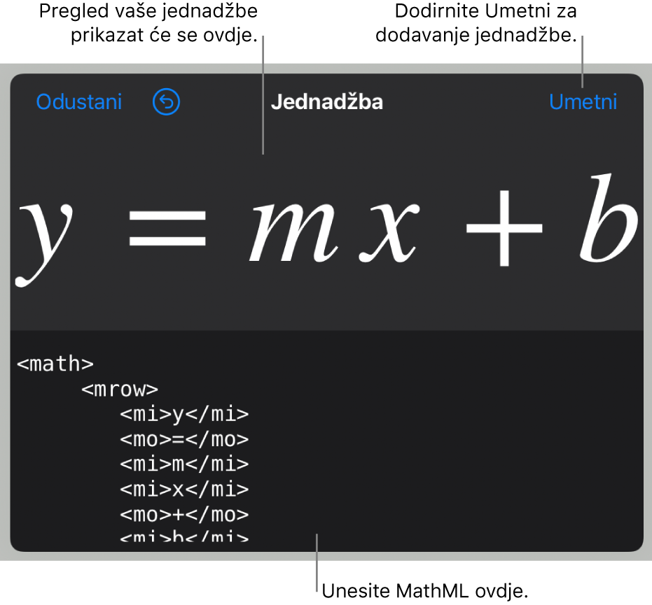 MathML kôd za jednadžbu za nagib linije u pregledu formule iznad.