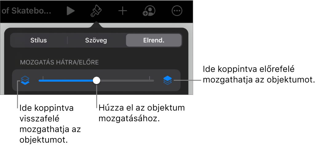 Visszafelé mozgatás gomb, Mozgatás előre gomb és a rétegezés csúszka.