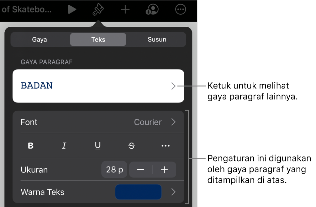 Menu Format menampilkan kontrol teks untuk mengatur paragraf dan gaya karakter, font, ukuran, dan warna.