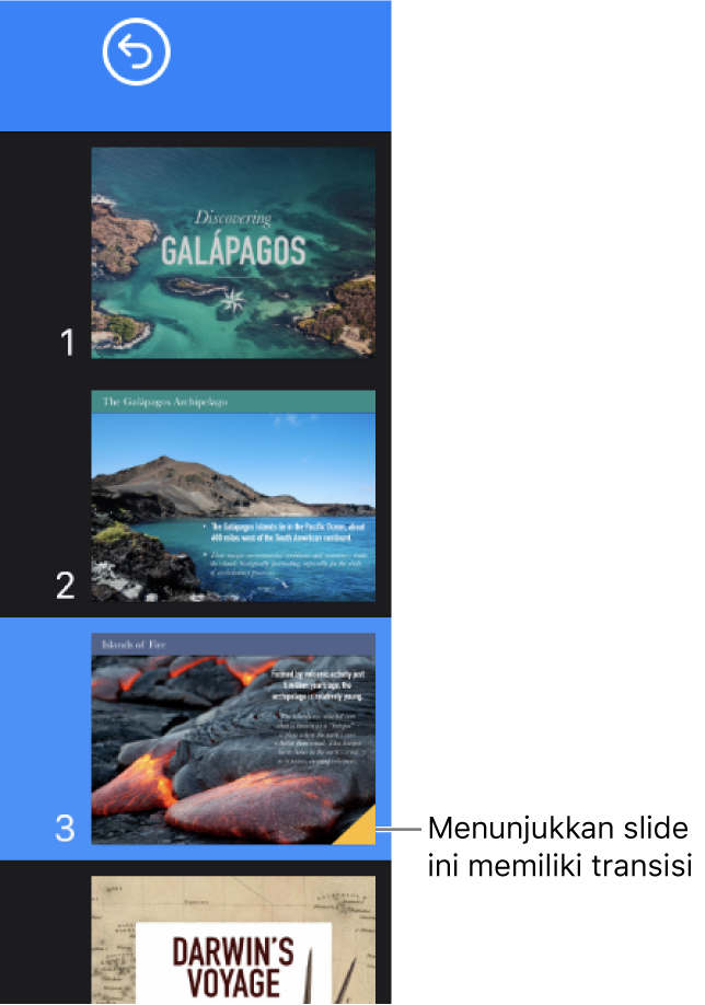 Segitiga kuning pada slide mengindikasikan bahwa slide memiliki transisi.