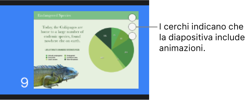 Una diapositiva con tre cerchi nell'angolo superiore destro per indicare che la diapositiva include animazioni.