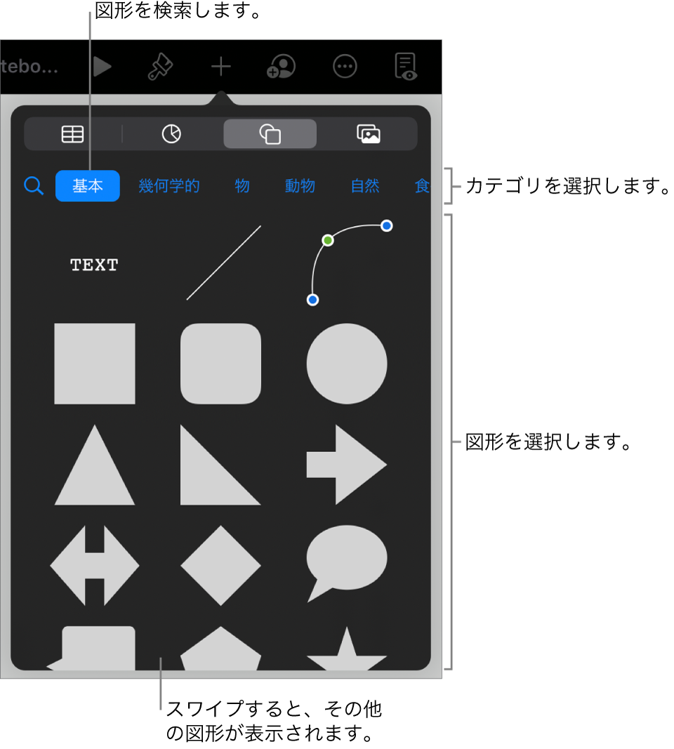 図形ライブラリ。上部にカテゴリがあり、下に図形が表示されています。上部の検索フィールドを使って図形を探したり、スワイプしてほかの図形を表示したりできます。