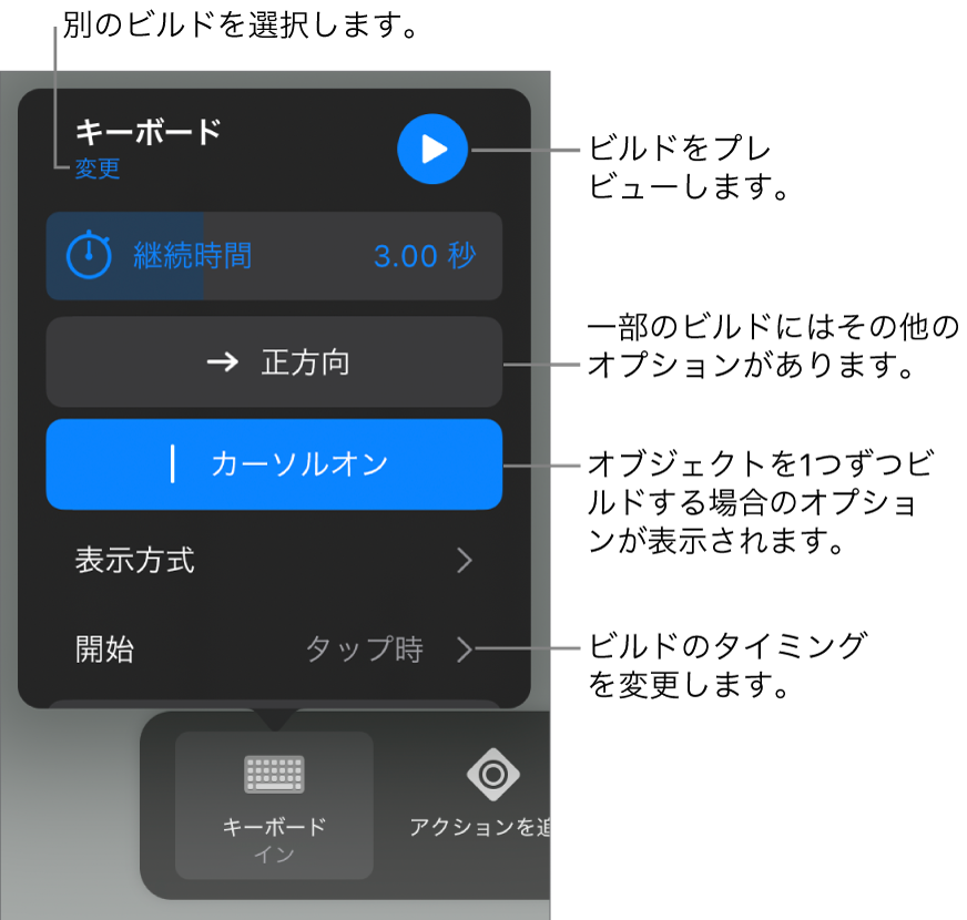 ビルドのオプションには、「継続時間」、「表示方式」、および「開始のタイミング」があります。別のビルドを選択するには「変更」をタップし、ビルドをプレビューするには「プレビュー」をタップします。