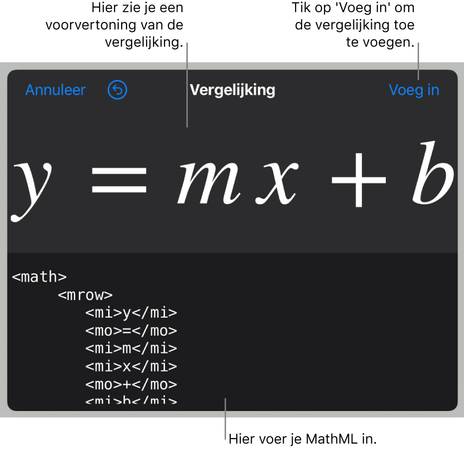 MathML-code voor de vergelijking voor de helling van een lijn, met daarboven een voorvertoning van de formule.