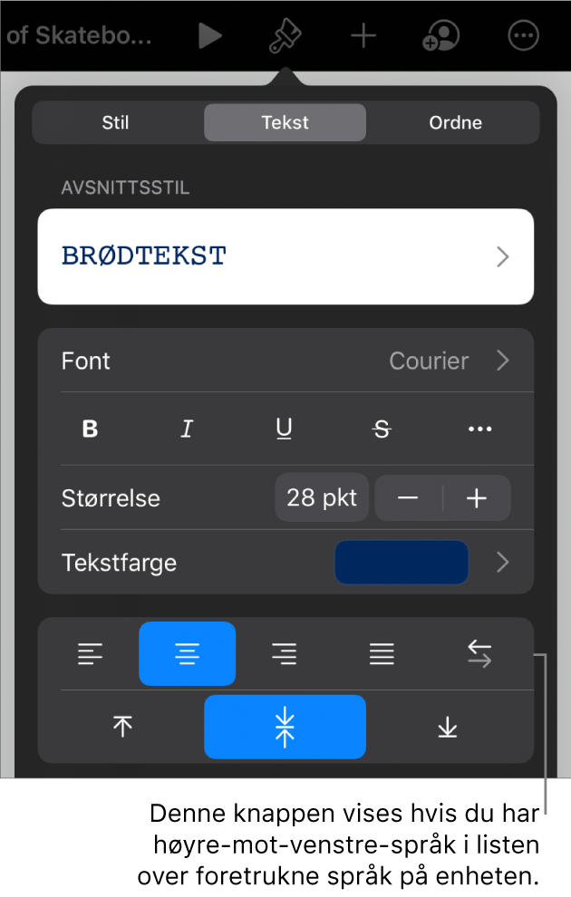 Tekstkontroller i Format-menyen med en bildeforklaring for Venstre til høyre-knappen.