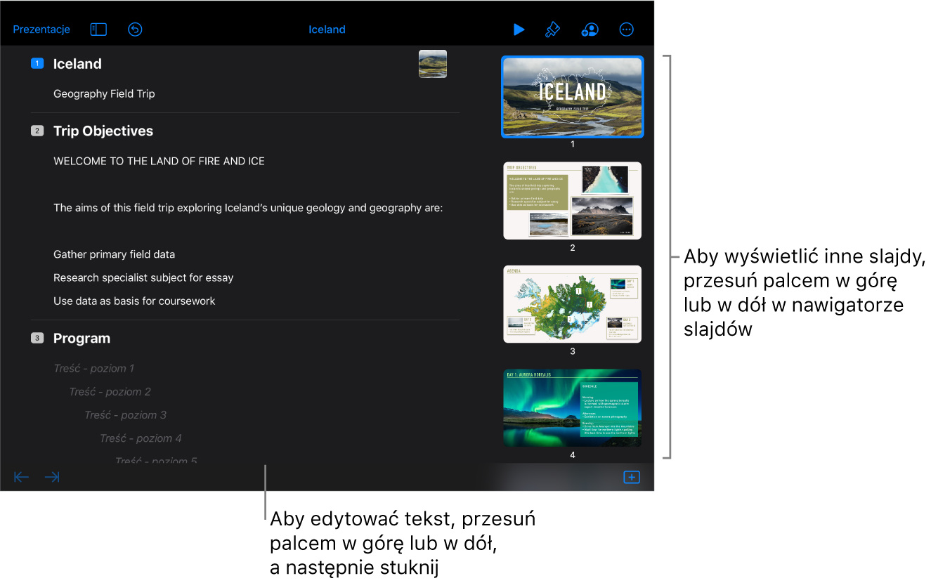 Widok konspektu z konspektem tekstowym prezentacji po lewej stronie ekranu, oraz pionowy nawigator slajdów po prawej.