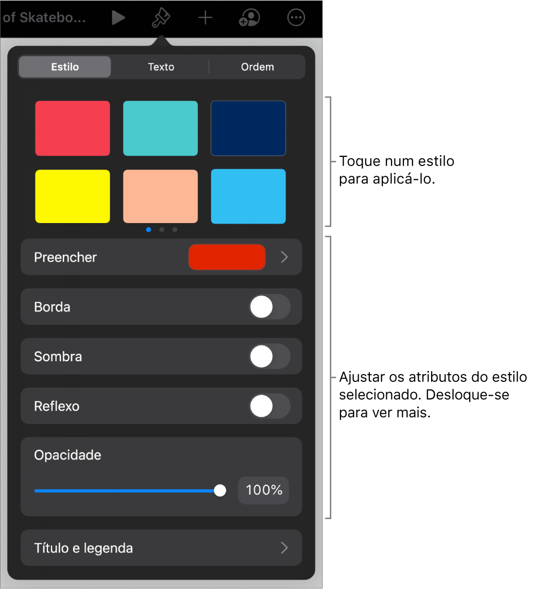 O separador Estilo do menu Formatação com estilos de objeto na parte superior e controlos por baixo para alterar o contorno, sombreado, reflexo e opacidade.