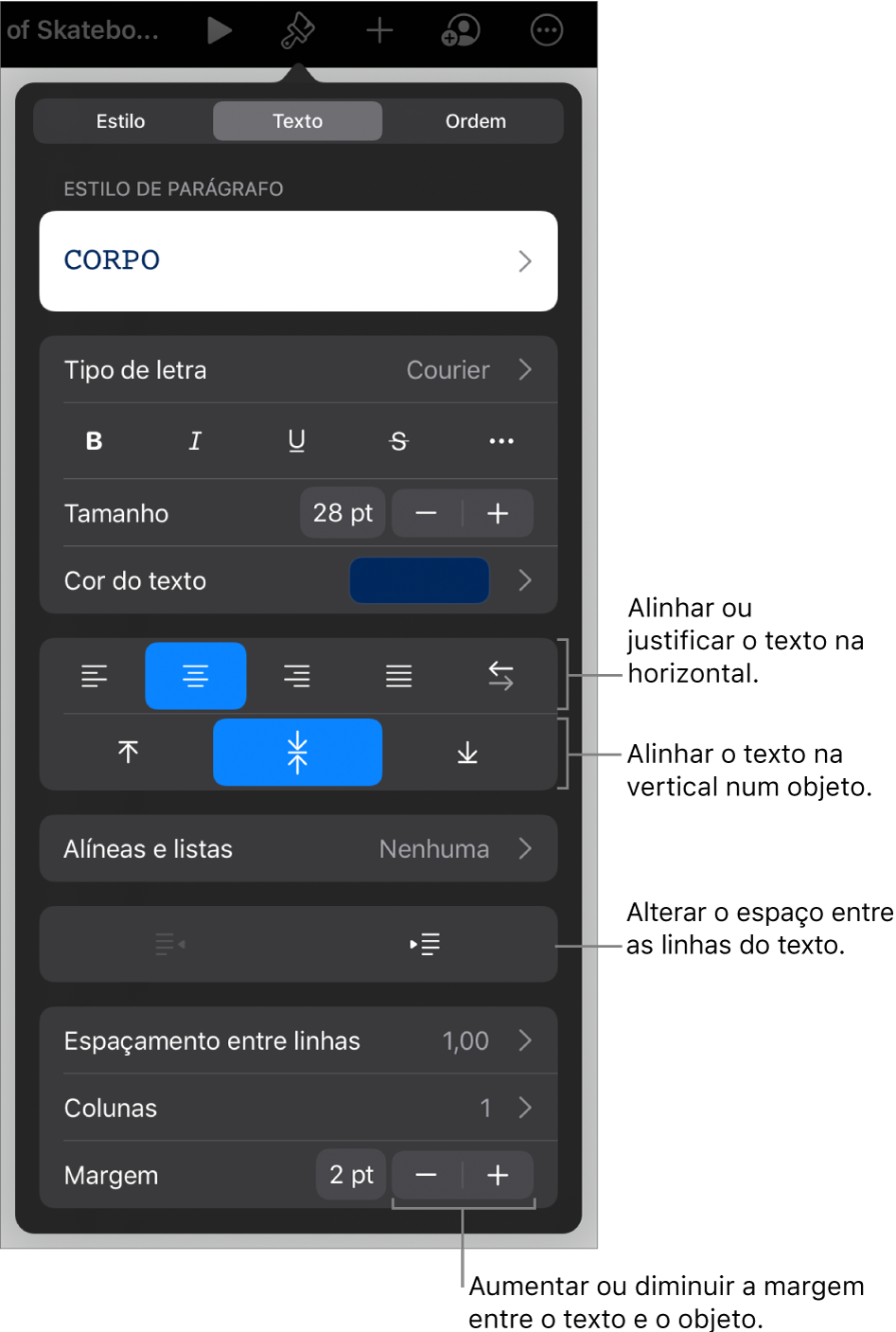 O painel Disposição com chamadas para os botões de alinhamento e espaçamento de texto.