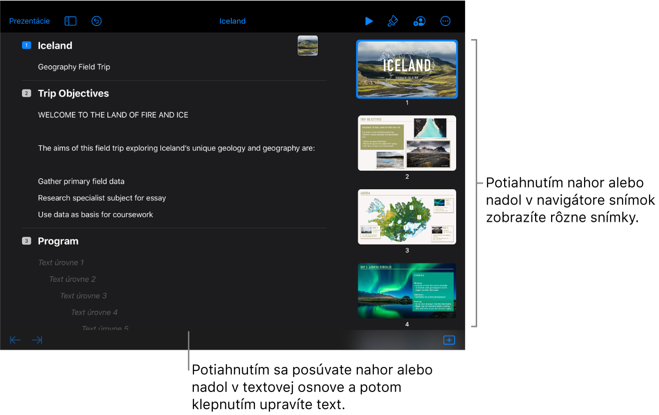 Zobrazenie osnovy s textovou osnovou na ľavej strane obrazovky a so zvislým navigátorom snímok na pravej strane.