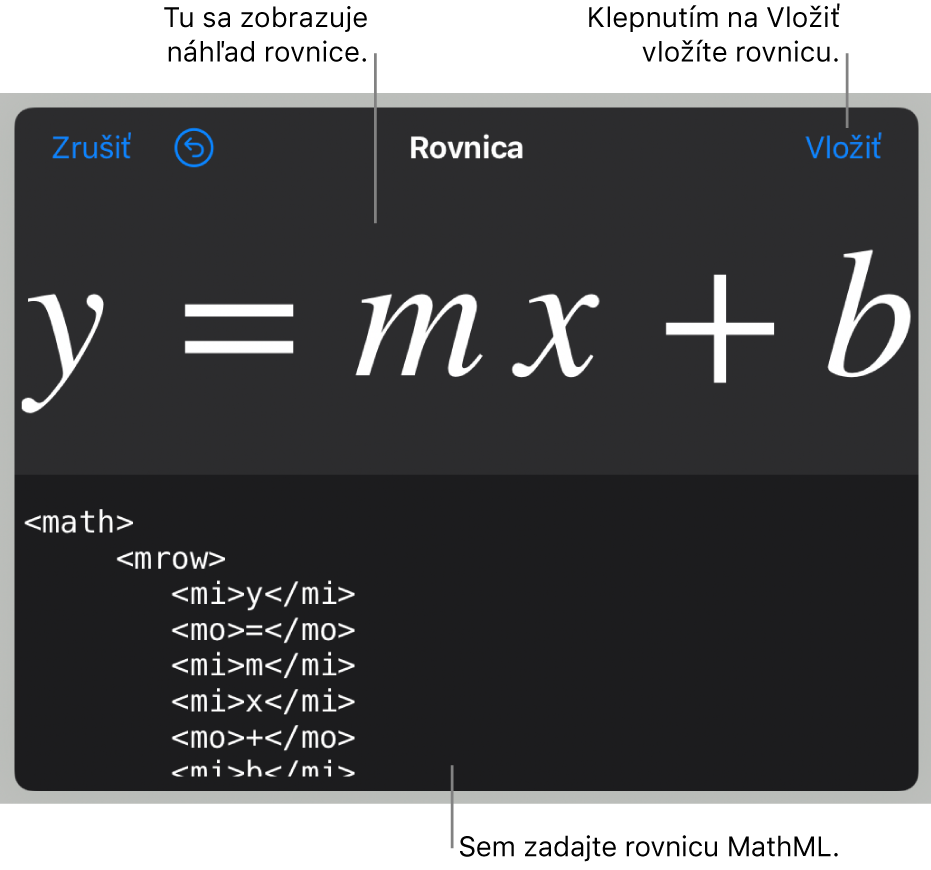 Kód MathML pre rovnicu sklonu čiary, vyššie sa nachádza náhľad vzorca.