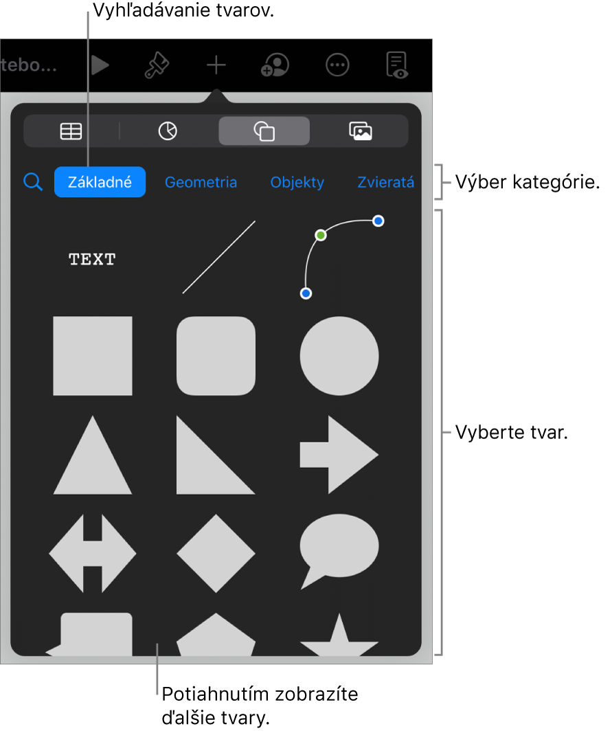 Knižnica tvarov s kategóriami zobrazenými v hornej časti a tvarmi zobrazenými nižšie. Ak chcete nájsť tvary, môžete použiť vyhľadávacie pole v hornej časti, a potiahnutím prsta zobrazíte ďalšie.